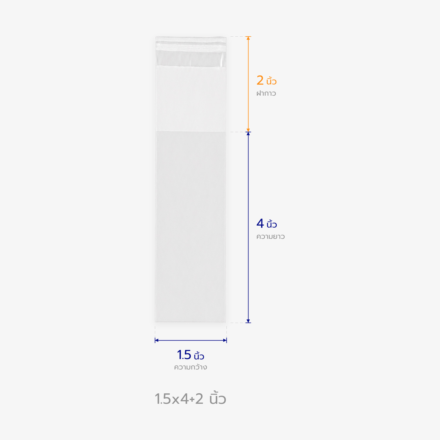 ตารางขนาดถุงแก้ว OPP ฝากาว 1.5x4+2 นิ้ว บอกความกว้าง ความยาว และฝากาว