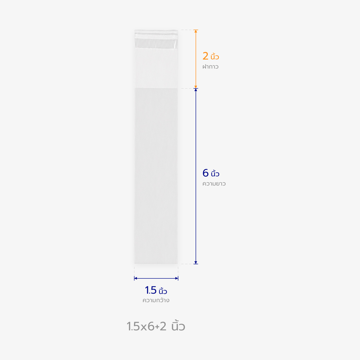 ตารางขนาดถุงแก้ว OPP ฝากาว 1.5x6+2 นิ้ว บอกความกว้าง ความยาว และฝากาว