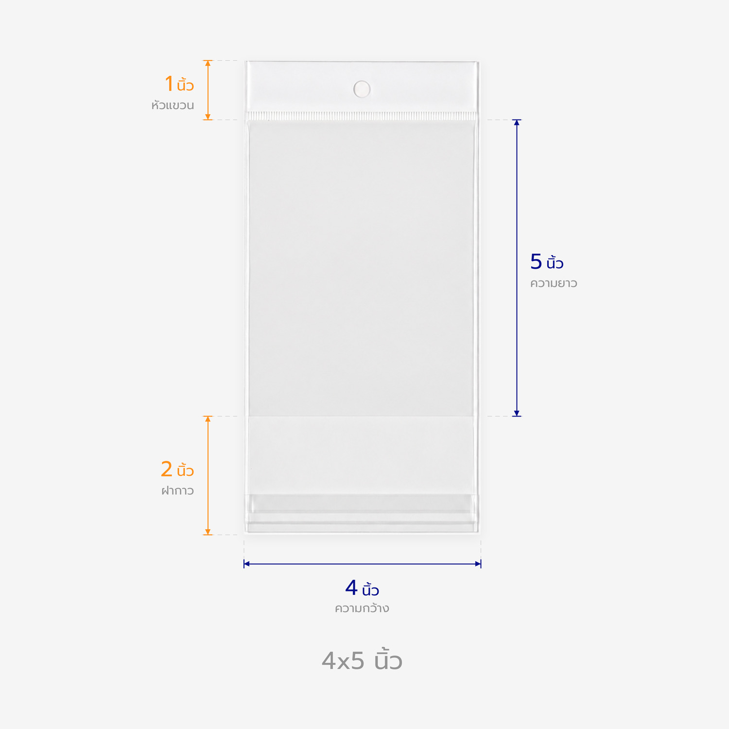 ตารางขนาดถุงแก้วหัวมุก 4x5 นิ้ว บอกความกว้าง ความยาว หัวแขวน และฝากาว